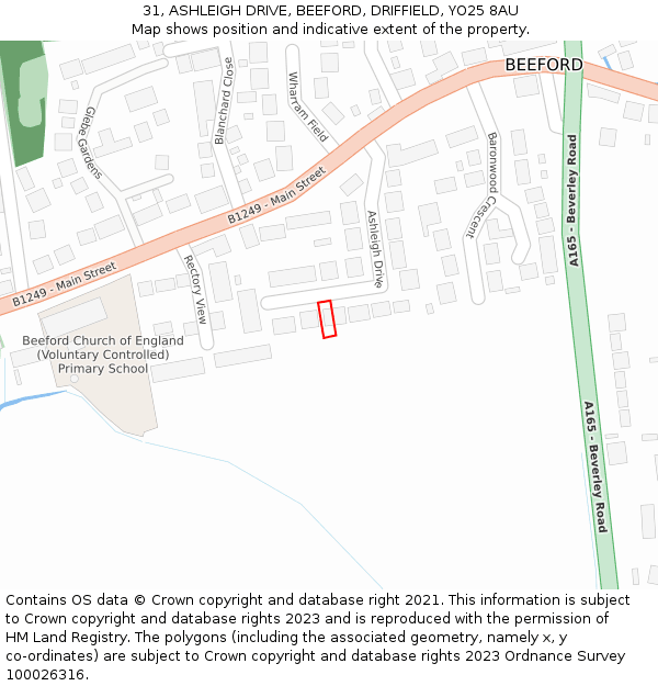 31, ASHLEIGH DRIVE, BEEFORD, DRIFFIELD, YO25 8AU: Location map and indicative extent of plot