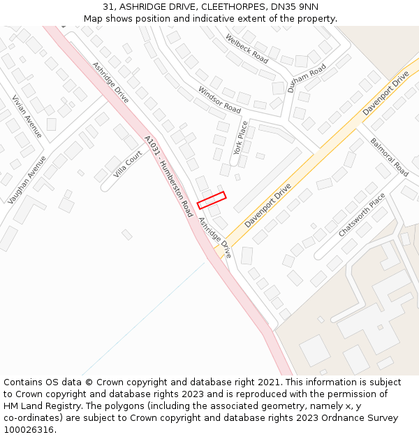 31, ASHRIDGE DRIVE, CLEETHORPES, DN35 9NN: Location map and indicative extent of plot