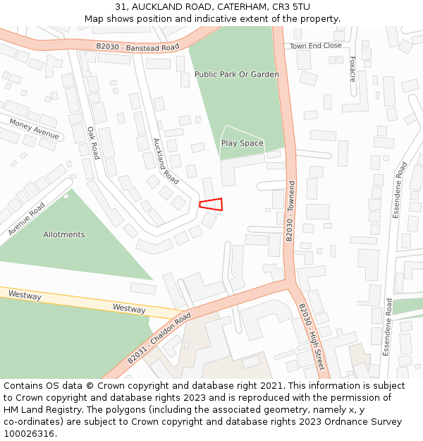 31, AUCKLAND ROAD, CATERHAM, CR3 5TU: Location map and indicative extent of plot