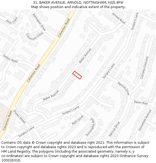 31, BAKER AVENUE, ARNOLD, NOTTINGHAM, NG5 8FW: Location map and indicative extent of plot