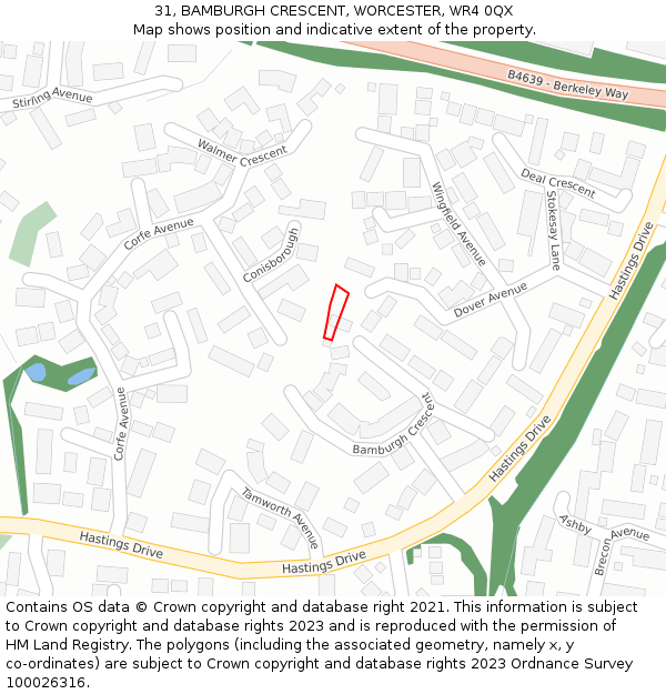 31, BAMBURGH CRESCENT, WORCESTER, WR4 0QX: Location map and indicative extent of plot
