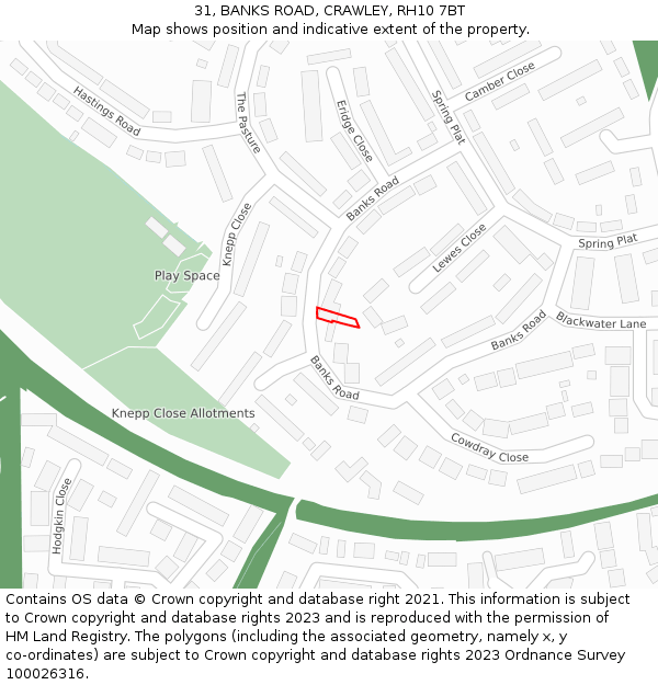 31, BANKS ROAD, CRAWLEY, RH10 7BT: Location map and indicative extent of plot