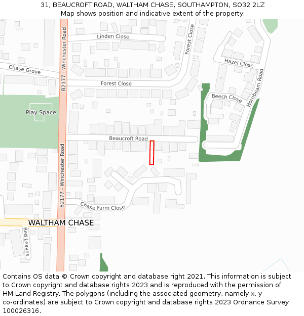 31, BEAUCROFT ROAD, WALTHAM CHASE, SOUTHAMPTON, SO32 2LZ: Location map and indicative extent of plot