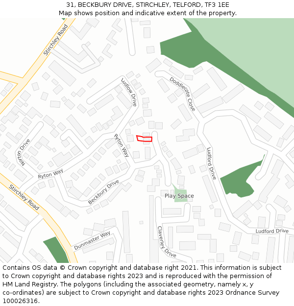 31, BECKBURY DRIVE, STIRCHLEY, TELFORD, TF3 1EE: Location map and indicative extent of plot
