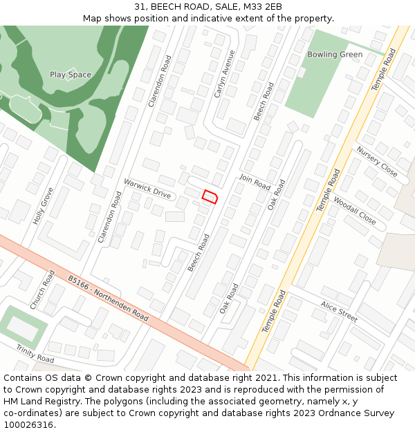 31, BEECH ROAD, SALE, M33 2EB: Location map and indicative extent of plot