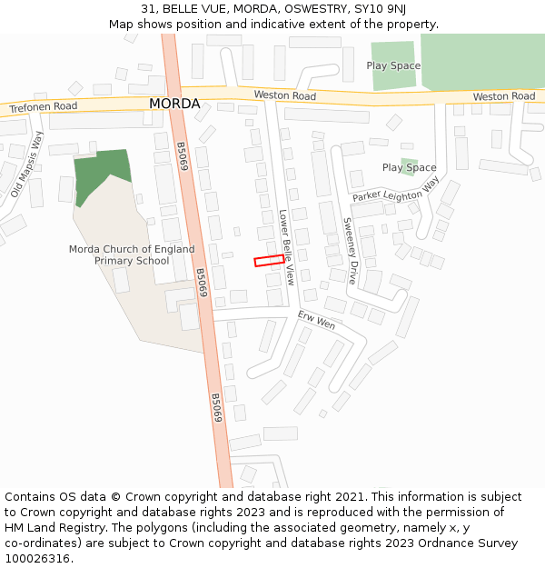 31, BELLE VUE, MORDA, OSWESTRY, SY10 9NJ: Location map and indicative extent of plot