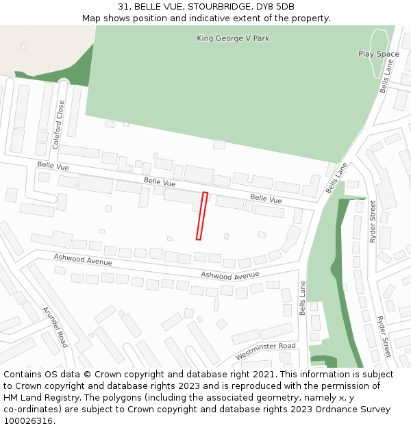 31, BELLE VUE, STOURBRIDGE, DY8 5DB: Location map and indicative extent of plot