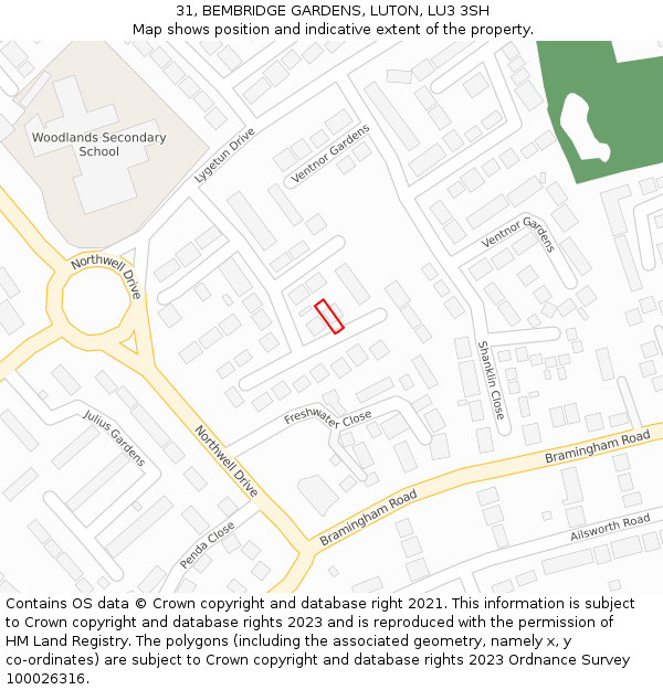 31, BEMBRIDGE GARDENS, LUTON, LU3 3SH: Location map and indicative extent of plot