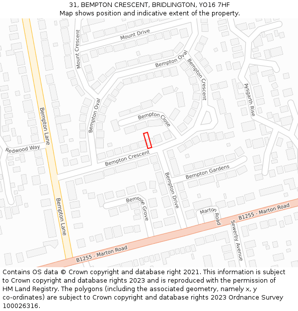 31, BEMPTON CRESCENT, BRIDLINGTON, YO16 7HF: Location map and indicative extent of plot