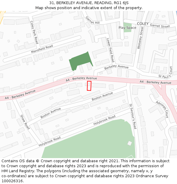 31, BERKELEY AVENUE, READING, RG1 6JS: Location map and indicative extent of plot