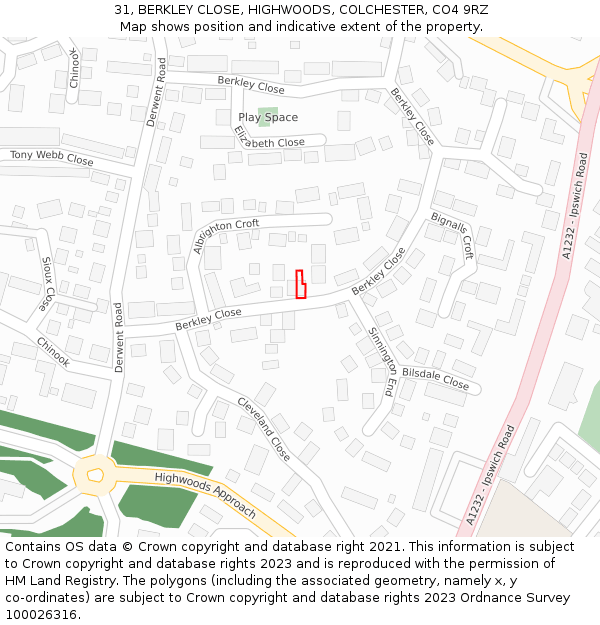 31, BERKLEY CLOSE, HIGHWOODS, COLCHESTER, CO4 9RZ: Location map and indicative extent of plot