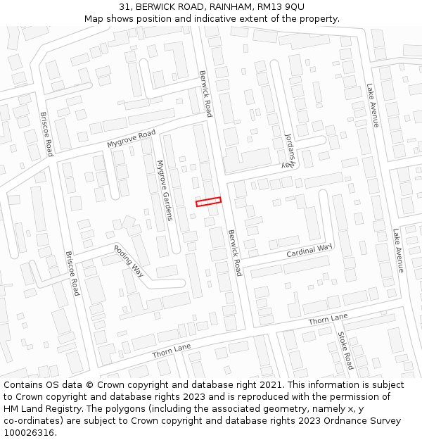 31, BERWICK ROAD, RAINHAM, RM13 9QU: Location map and indicative extent of plot