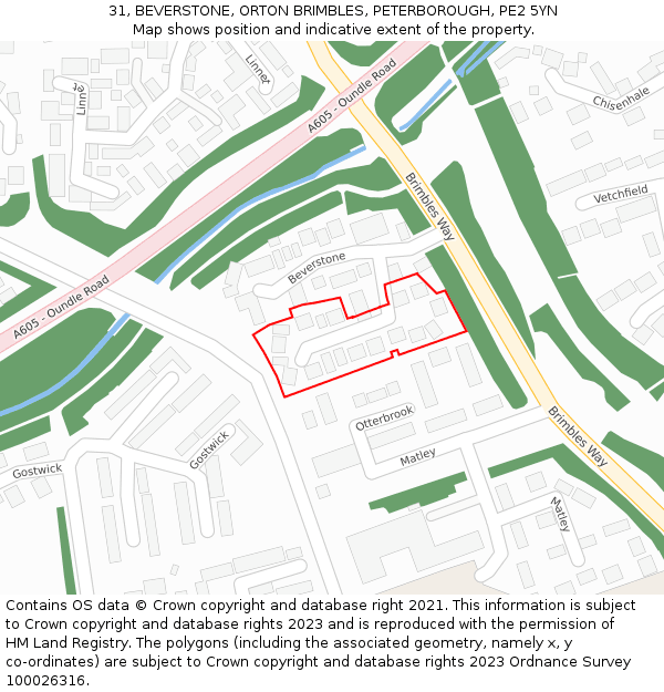 31, BEVERSTONE, ORTON BRIMBLES, PETERBOROUGH, PE2 5YN: Location map and indicative extent of plot