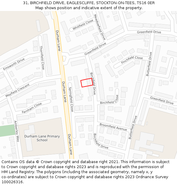 31, BIRCHFIELD DRIVE, EAGLESCLIFFE, STOCKTON-ON-TEES, TS16 0ER: Location map and indicative extent of plot