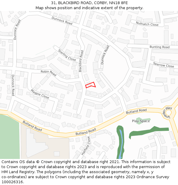 31, BLACKBIRD ROAD, CORBY, NN18 8FE: Location map and indicative extent of plot