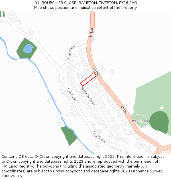 31, BOURCHIER CLOSE, BAMPTON, TIVERTON, EX16 9AG: Location map and indicative extent of plot
