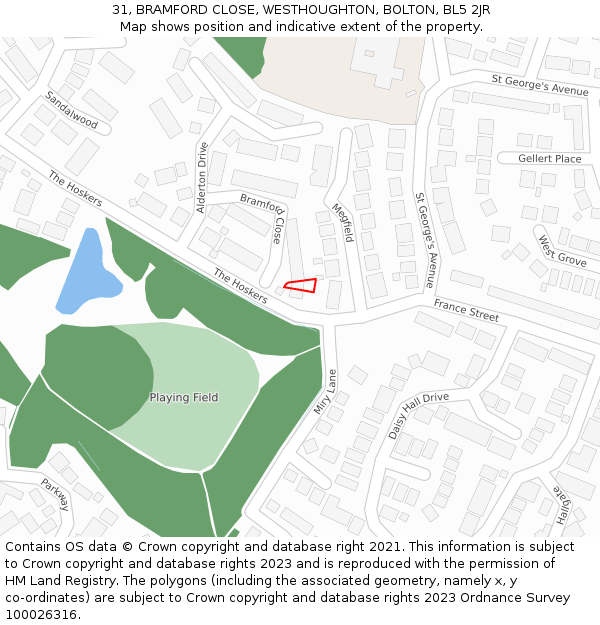 31, BRAMFORD CLOSE, WESTHOUGHTON, BOLTON, BL5 2JR: Location map and indicative extent of plot