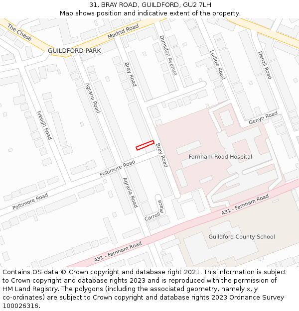 31, BRAY ROAD, GUILDFORD, GU2 7LH: Location map and indicative extent of plot