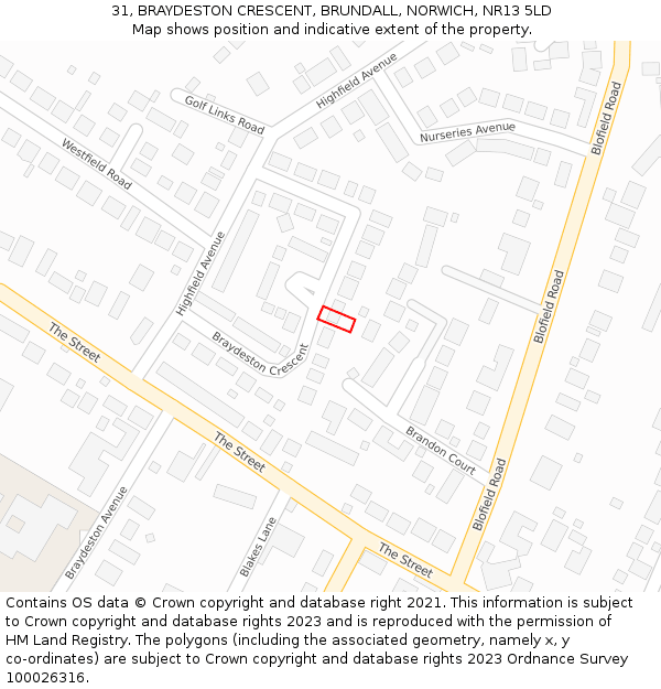 31, BRAYDESTON CRESCENT, BRUNDALL, NORWICH, NR13 5LD: Location map and indicative extent of plot