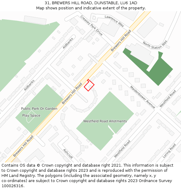 31, BREWERS HILL ROAD, DUNSTABLE, LU6 1AD: Location map and indicative extent of plot