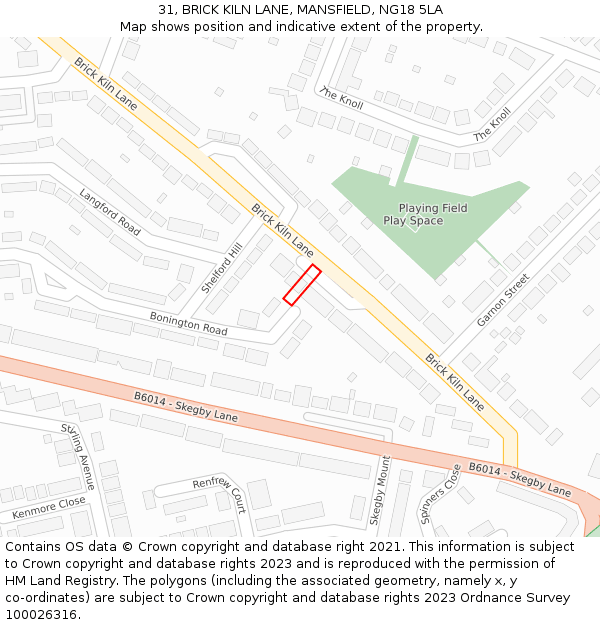 31, BRICK KILN LANE, MANSFIELD, NG18 5LA: Location map and indicative extent of plot