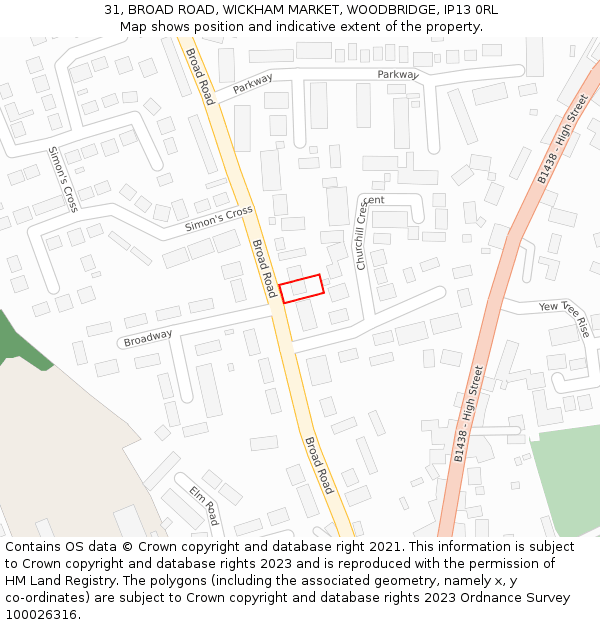 31, BROAD ROAD, WICKHAM MARKET, WOODBRIDGE, IP13 0RL: Location map and indicative extent of plot