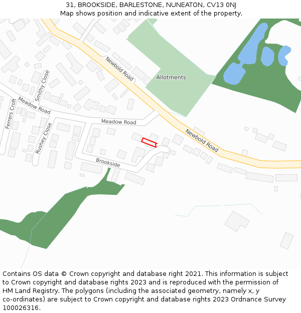 31, BROOKSIDE, BARLESTONE, NUNEATON, CV13 0NJ: Location map and indicative extent of plot