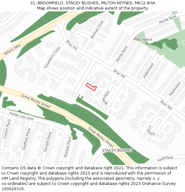 31, BROOMFIELD, STACEY BUSHES, MILTON KEYNES, MK12 6HA: Location map and indicative extent of plot