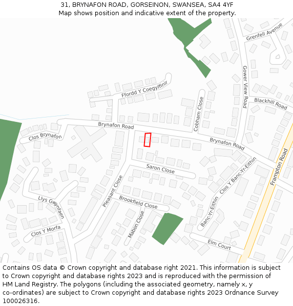 31, BRYNAFON ROAD, GORSEINON, SWANSEA, SA4 4YF: Location map and indicative extent of plot