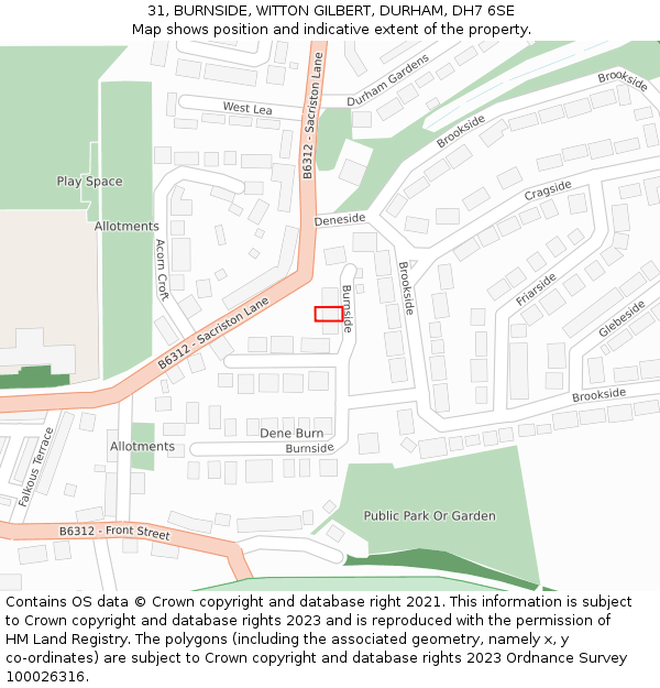 31, BURNSIDE, WITTON GILBERT, DURHAM, DH7 6SE: Location map and indicative extent of plot