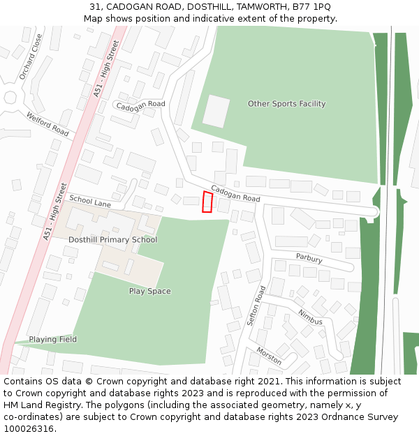 31, CADOGAN ROAD, DOSTHILL, TAMWORTH, B77 1PQ: Location map and indicative extent of plot