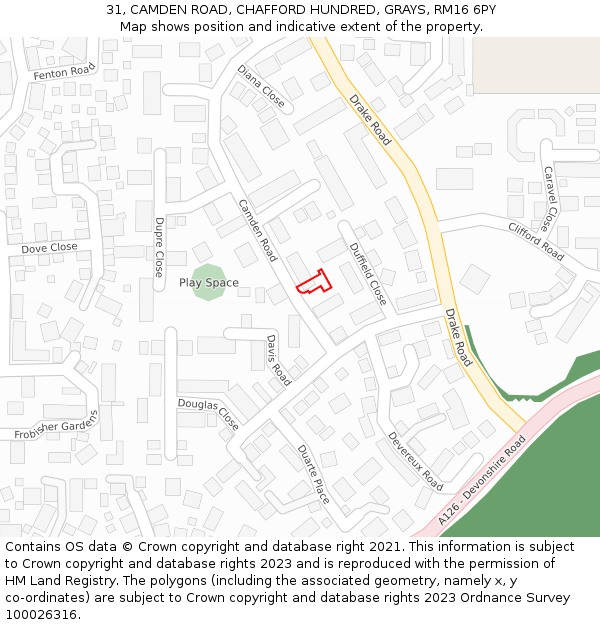 31, CAMDEN ROAD, CHAFFORD HUNDRED, GRAYS, RM16 6PY: Location map and indicative extent of plot