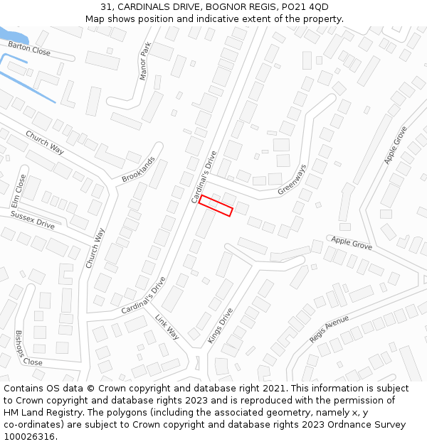 31, CARDINALS DRIVE, BOGNOR REGIS, PO21 4QD: Location map and indicative extent of plot