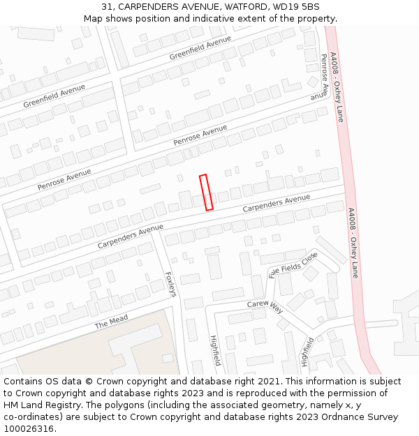 31, CARPENDERS AVENUE, WATFORD, WD19 5BS: Location map and indicative extent of plot