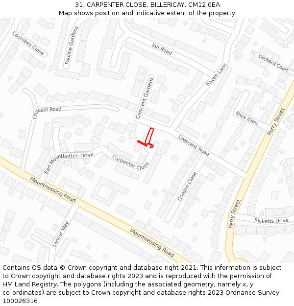 31, CARPENTER CLOSE, BILLERICAY, CM12 0EA: Location map and indicative extent of plot