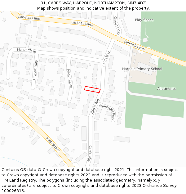 31, CARRS WAY, HARPOLE, NORTHAMPTON, NN7 4BZ: Location map and indicative extent of plot