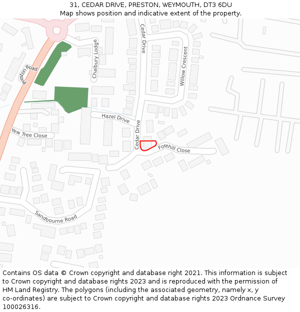 31, CEDAR DRIVE, PRESTON, WEYMOUTH, DT3 6DU: Location map and indicative extent of plot