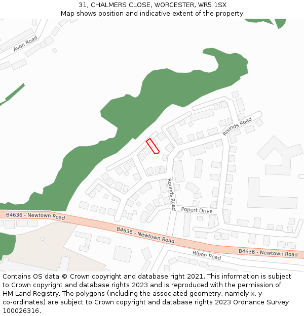 31, CHALMERS CLOSE, WORCESTER, WR5 1SX: Location map and indicative extent of plot