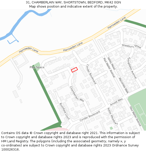 31, CHAMBERLAIN WAY, SHORTSTOWN, BEDFORD, MK42 0GN: Location map and indicative extent of plot