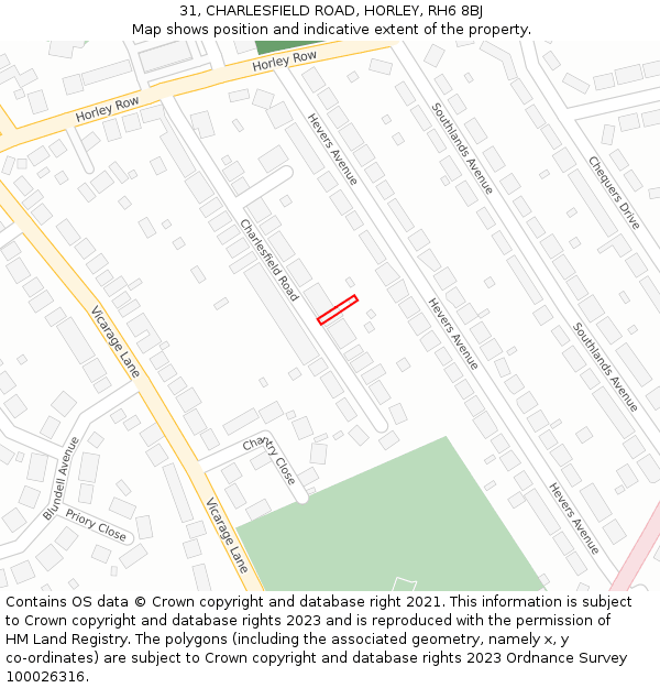 31, CHARLESFIELD ROAD, HORLEY, RH6 8BJ: Location map and indicative extent of plot