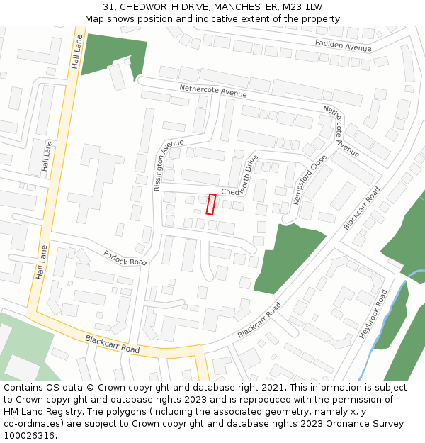 31, CHEDWORTH DRIVE, MANCHESTER, M23 1LW: Location map and indicative extent of plot