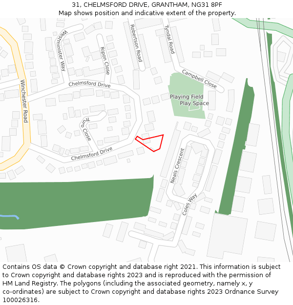 31, CHELMSFORD DRIVE, GRANTHAM, NG31 8PF: Location map and indicative extent of plot