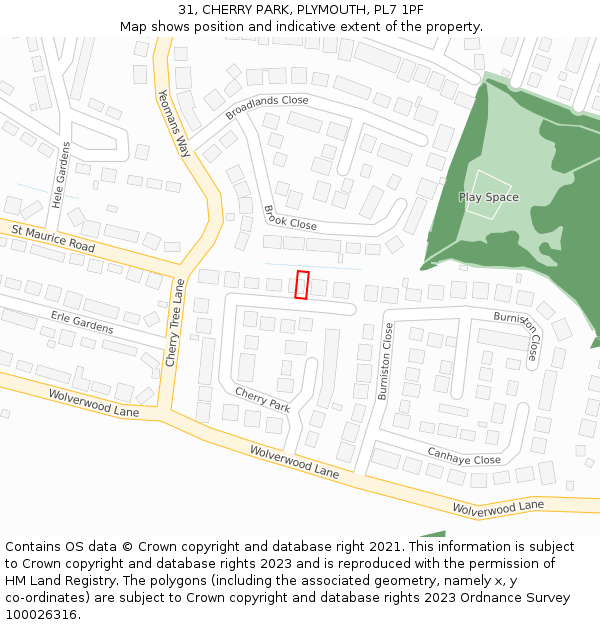 31, CHERRY PARK, PLYMOUTH, PL7 1PF: Location map and indicative extent of plot