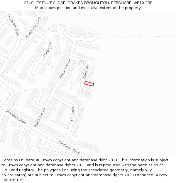 31, CHESTNUT CLOSE, DRAKES BROUGHTON, PERSHORE, WR10 2BP: Location map and indicative extent of plot