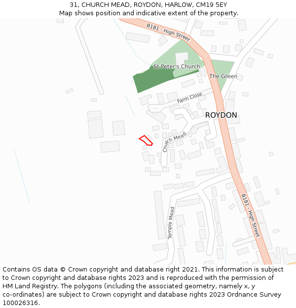 31, CHURCH MEAD, ROYDON, HARLOW, CM19 5EY: Location map and indicative extent of plot