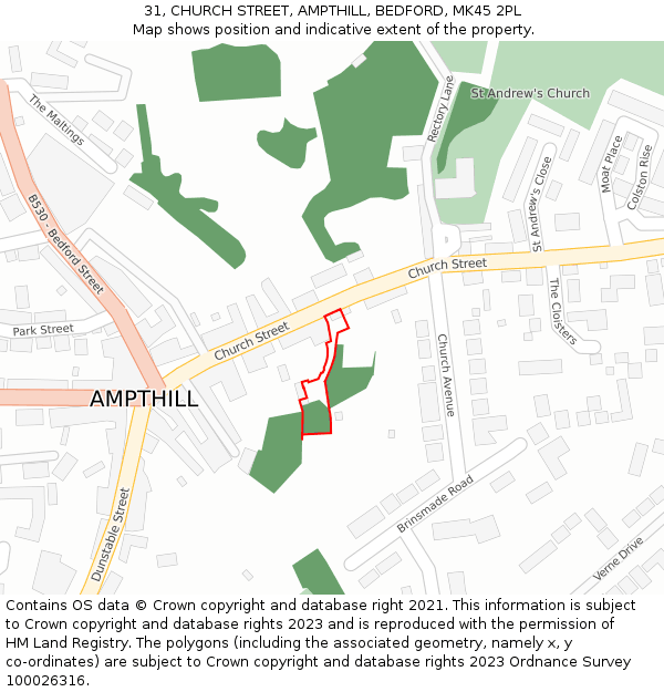 31, CHURCH STREET, AMPTHILL, BEDFORD, MK45 2PL: Location map and indicative extent of plot