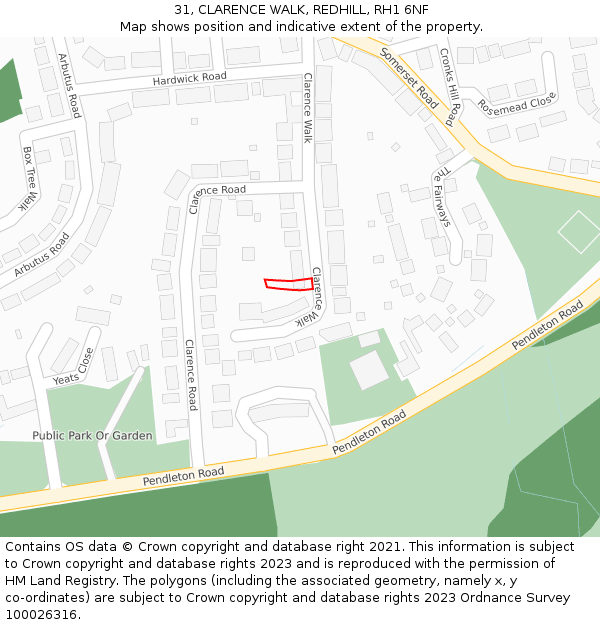 31, CLARENCE WALK, REDHILL, RH1 6NF: Location map and indicative extent of plot