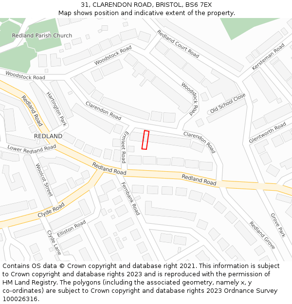 31, CLARENDON ROAD, BRISTOL, BS6 7EX: Location map and indicative extent of plot