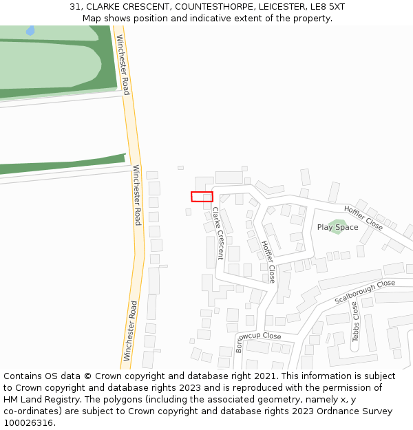 31, CLARKE CRESCENT, COUNTESTHORPE, LEICESTER, LE8 5XT: Location map and indicative extent of plot