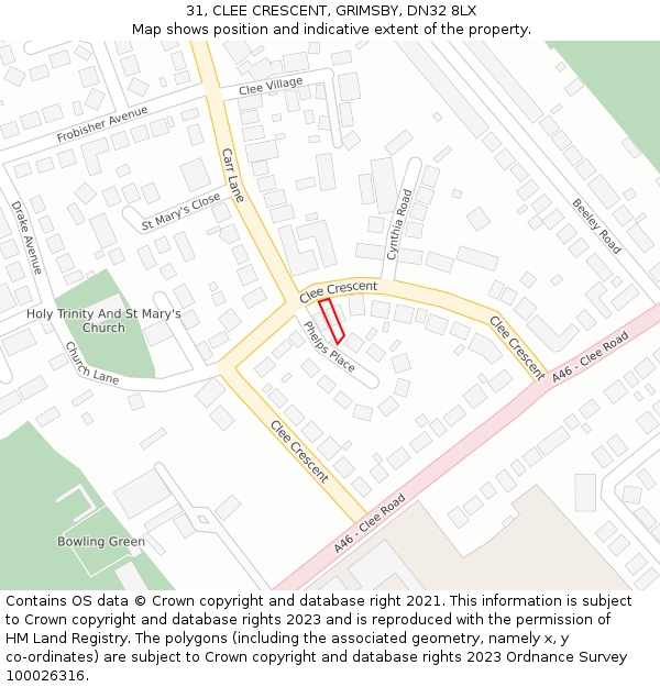 31, CLEE CRESCENT, GRIMSBY, DN32 8LX: Location map and indicative extent of plot